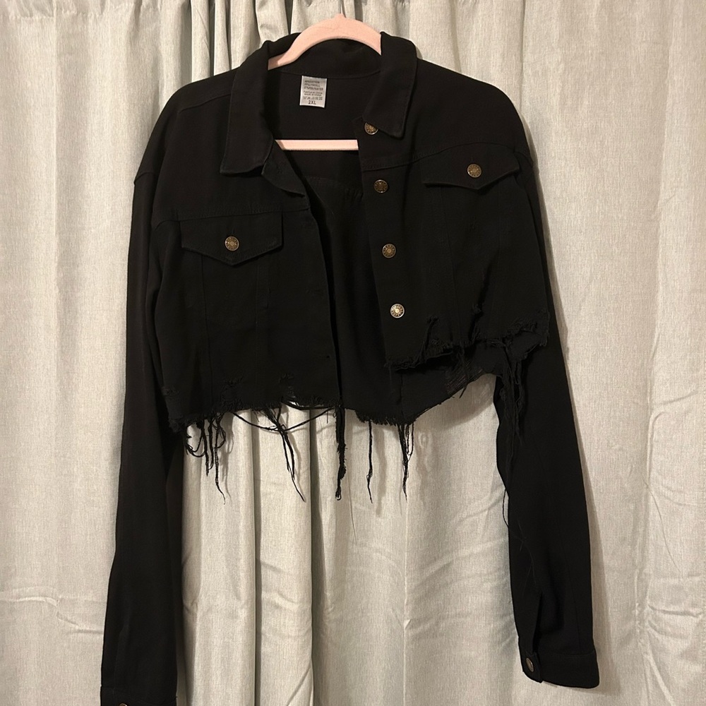 Black cropped ripped jean jacket